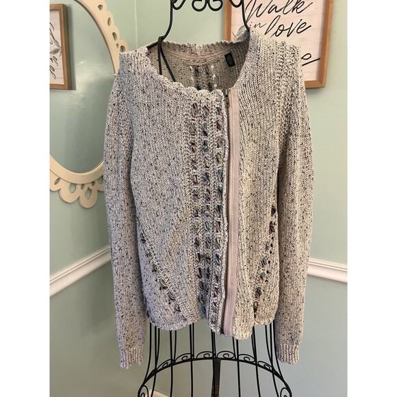 anthropologie Sweater Cable Knit Front Zip M Gray Blend Polyester - Picture 2 of 7
